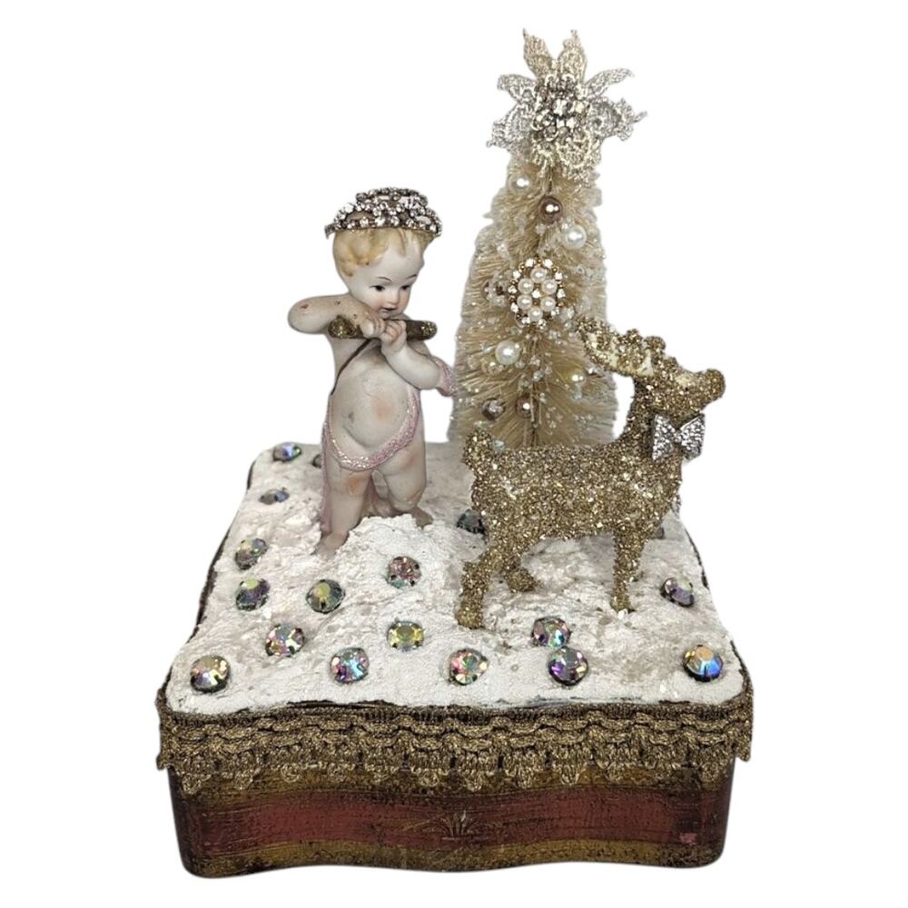 Handmade Christmas Assemblage on Wooden Box Bottlebrush Tree Deer Cherub